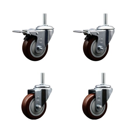 Service Caster 35 Inch Maroon Polyurethane Swivel 58 Inch Threaded Stem Caster Set 2 Total Lock Brakes SCC-TSTTL20S3514-PPUB-MRN-58212-2-S2